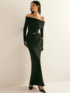 COMMENSE Modal Off-Shoulder Ruched Dress Without Belt* Black Dresses|Casual Dresses