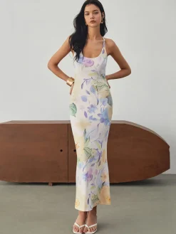 COMMENSE Multi Floral Print Backless Long Dress* Floral Dresses|Vacation Dresses