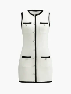 COMMENSE Multi Pocket Button Sleeveless Short Sweater Dress* White Dresses|Black Dresses