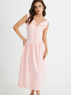 COMMENSE Multi-Button Sleeveless Pleated Midi Dress* Casual Dresses|Work Dresses