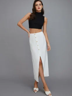 COMMENSE Multi-Button Split Middle Waist Maxi Skirt* Skirts|Bottoms
