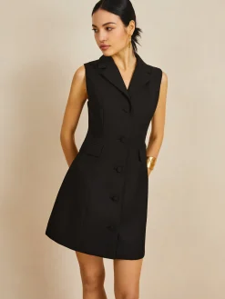COMMENSE Muti-Button Collared Short Dress* Black Dresses|Casual Dresses