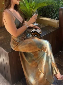 COMMENSE Neptune Satin Open Back Long Dress* Casual Dresses|Summer Dresses