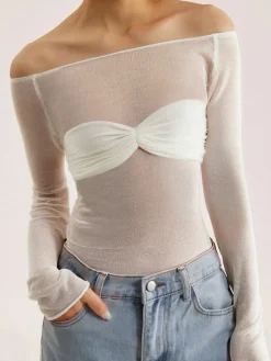 COMMENSE Nostalgia Off-Shoulder Mesh Long Sleeve Shirt* Sweater Tops|Sweaters & Cardigans
