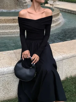 COMMENSE Off Shoulder Criss Cross Long Dress* Black Dresses|Casual Dresses