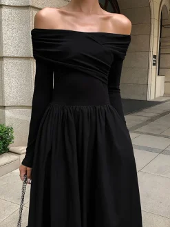 COMMENSE Off Shoulder Criss Cross Long Dress* Black Dresses|Casual Dresses