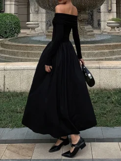 COMMENSE Off Shoulder Criss Cross Long Dress* Black Dresses|Casual Dresses