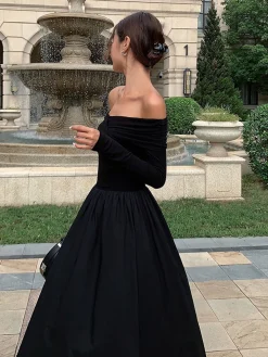 COMMENSE Off Shoulder Criss Cross Long Dress* Black Dresses|Casual Dresses