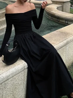 COMMENSE Off Shoulder Criss Cross Long Dress* Black Dresses|Casual Dresses