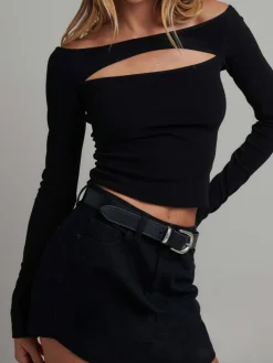 COMMENSE Off Shoulder Cutout Long Sleeve Crop Top* Sweater Tops|Crop Tops