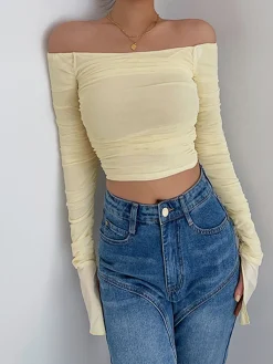 COMMENSE Off Shoulder Mesh Crop Shirt* Crop Tops|T-shirts