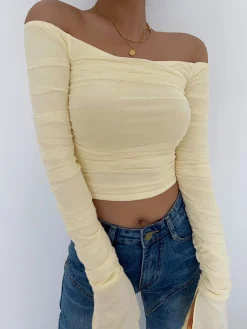 COMMENSE Off Shoulder Mesh Crop Shirt* Crop Tops|T-shirts