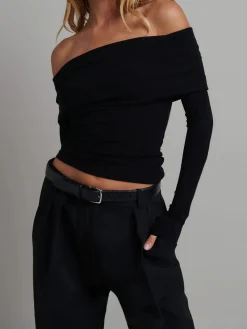 COMMENSE Off Shoulder Overfold Long Sleeve Crop Shirt* Crop Tops|T-shirts