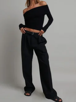 COMMENSE Off Shoulder Overfold Long Sleeve Crop Shirt* Crop Tops|T-shirts