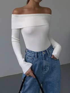 COMMENSE Off Shoulder Overfold Long Sleeve Knit Top* Sweater Tops|Sweaters & Cardigans