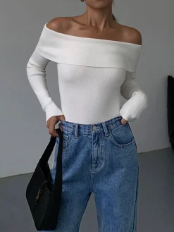 COMMENSE Off Shoulder Overfold Long Sleeve Knit Top* Sweater Tops|Sweaters & Cardigans