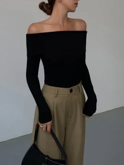 COMMENSE Off Shoulder Overfold Long Sleeve Knit Top* Sweater Tops|Sweaters & Cardigans