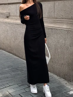 COMMENSE Off Shoulder Ribbed Long Sleeve Knit Long Dress* Black Dresses|Casual Dresses