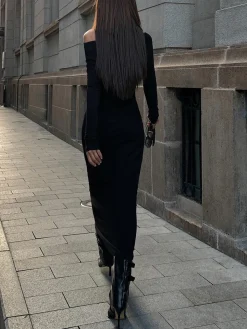 COMMENSE Off Shoulder Ribbed Long Sleeve Knit Long Dress* Black Dresses|Casual Dresses