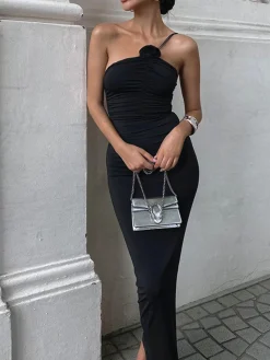 COMMENSE Off Shoulder Rose Decor Ruched Midi Dress* Black Dresses|Work Dresses