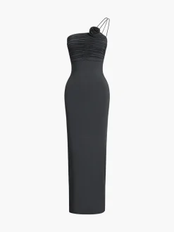 COMMENSE Off Shoulder Rose Decor Ruched Midi Dress* Black Dresses|Work Dresses