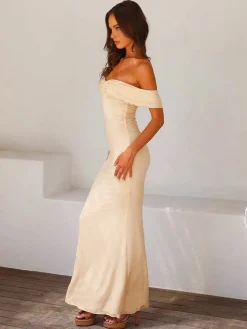 COMMENSE Off Shoulder Ruffle Satin Long Dress* Casual Dresses|Vacation Dresses