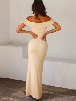 COMMENSE Off Shoulder Ruffle Satin Long Dress* Casual Dresses|Vacation Dresses