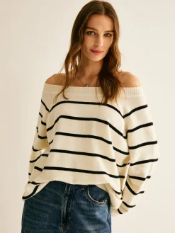 COMMENSE Off Shoulder Striped Pullover Sweater* Sweater Tops|Sweaters & Cardigans