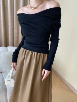 COMMENSE Off Shoulder Wrap Long Sleeve Knit Top* Sweater Tops|Sweaters & Cardigans