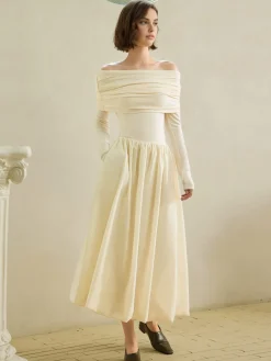 COMMENSE Off-Shoulder Bud Waist Pleated Knit Dress* White Dresses|Sweater Dresses