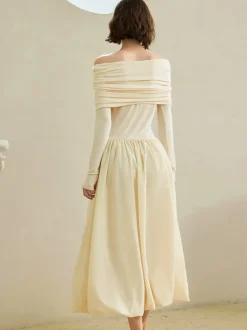 COMMENSE Off-Shoulder Bud Waist Pleated Knit Dress* White Dresses|Sweater Dresses