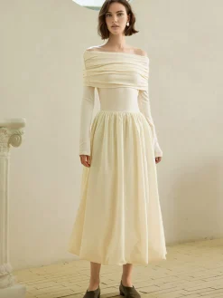 COMMENSE Off-Shoulder Bud Waist Pleated Knit Dress* White Dresses|Sweater Dresses
