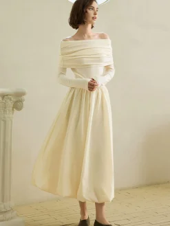 COMMENSE Off-Shoulder Bud Waist Pleated Knit Dress* White Dresses|Sweater Dresses