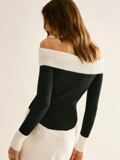 COMMENSE Off-Shoulder Color Block Knit Top* Sweater Tops|Sweaters & Cardigans