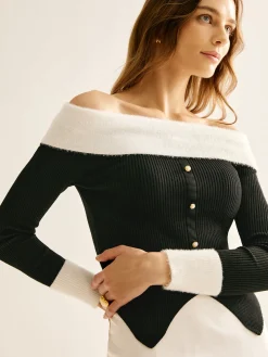 COMMENSE Off-Shoulder Color Block Knit Top* Sweater Tops|Sweaters & Cardigans