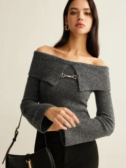 COMMENSE Off-Shoulder Crop Knit Top* Sweater Tops|Sweaters & Cardigans