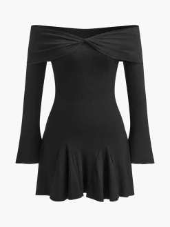 COMMENSE Off-Shoulder Flowy Knit Dress* Black Dresses|Sweater Dresses