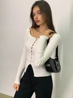 COMMENSE Off-Shoulder Lettuce Trim Cardigan* Cardigans|Sweaters & Cardigans