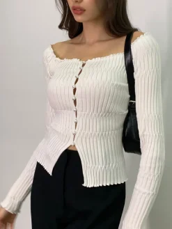 COMMENSE Off-Shoulder Lettuce Trim Cardigan* Cardigans|Sweaters & Cardigans