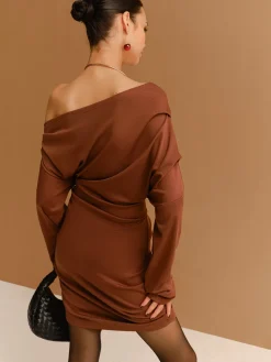 COMMENSE Off-Shoulder Pleated Jersey Short Dress* Casual Dresses|Work Dresses