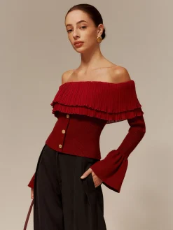 COMMENSE Off-Shoulder Pleated Ruffle Slim Sweater* Sweater Tops|Sweaters & Cardigans