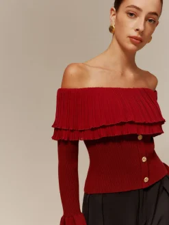 COMMENSE Off-Shoulder Pleated Ruffle Slim Sweater* Sweater Tops|Sweaters & Cardigans
