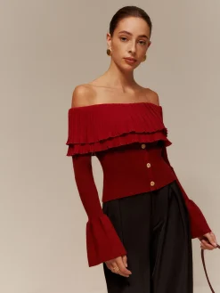 COMMENSE Off-Shoulder Pleated Ruffle Slim Sweater* Sweater Tops|Sweaters & Cardigans