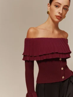 COMMENSE Off-Shoulder Pleated Ruffle Slim Sweater* Sweater Tops|Sweaters & Cardigans