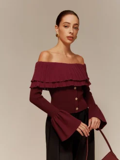 COMMENSE Off-Shoulder Pleated Ruffle Slim Sweater* Sweater Tops|Sweaters & Cardigans