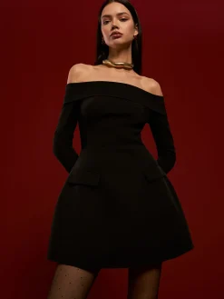 COMMENSE Off-Shoulder Pleated Short Dress* Black Dresses|Casual Dresses
