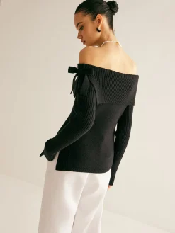 COMMENSE Off-Shoulder Ribbed Bow Slit Sweater* Sweater Tops|Sweaters & Cardigans