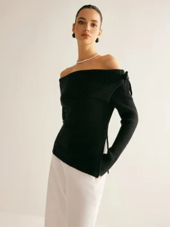 COMMENSE Off-Shoulder Ribbed Bow Slit Sweater* Sweater Tops|Sweaters & Cardigans