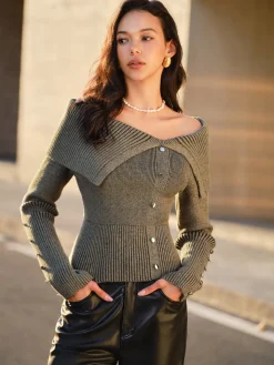 COMMENSE Off-Shoulder Ribbed Skinny Knit Top* Sweater Tops|Sweaters & Cardigans