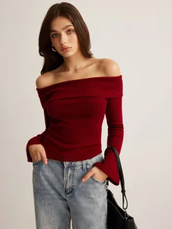 COMMENSE Off-Shoulder Ribbed Slim Top* T-shirts|Tops